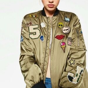 Zara Olive Patch Bomber Jacket Women’s S Statement Novelty Zip